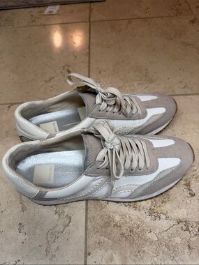 Dolce Vita White and Taupe Lace-Up Suede-Trim Sneakers